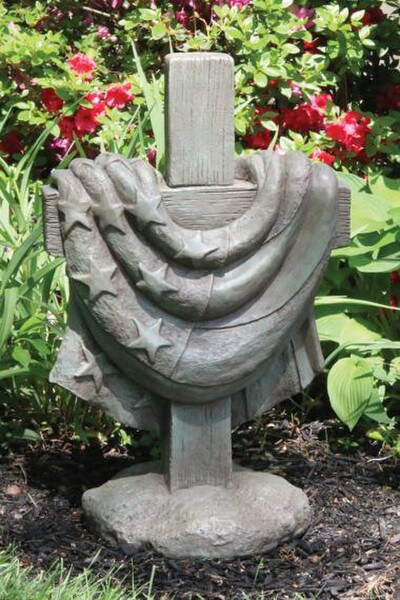 Memorial Cross USA Garden Statue Stone Military Draped Flag Tribute